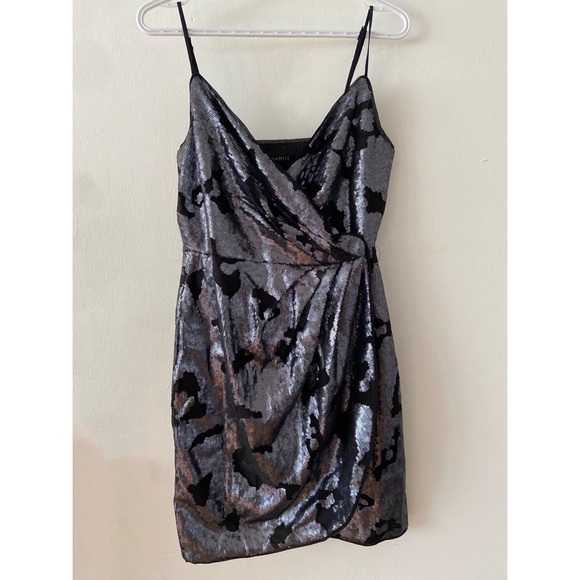 Black and Silver Sequin Mini Wrap Dress - Picture 3 of 6